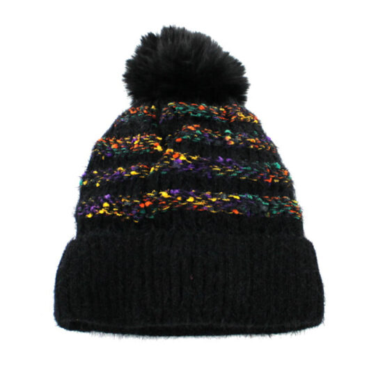 Black Knitted Hat With Multicolored Knit Detail