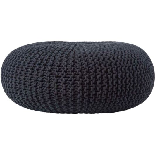 HOMESCAPES Black Large Round Cotton Knitted Pouffe Footstool