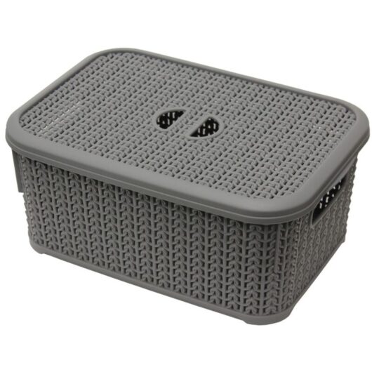 JVL - Knit Design Loop Plastic Lidded Rectangular Storage Basket with Handles, Grey