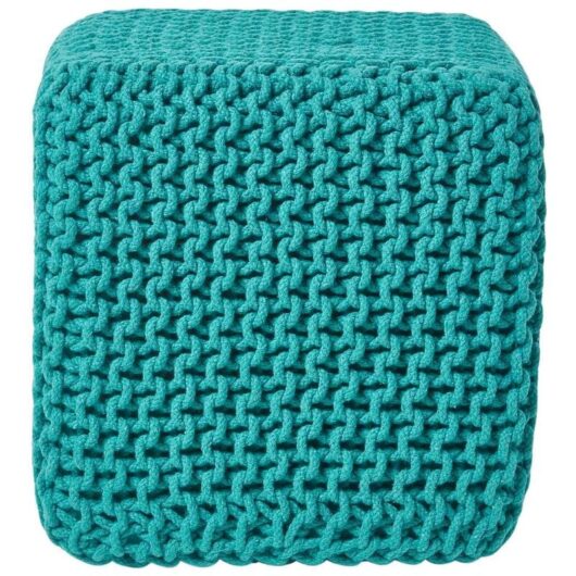 Teal Green Cube Cotton Knitted Pouffe Footstool - Homescapes