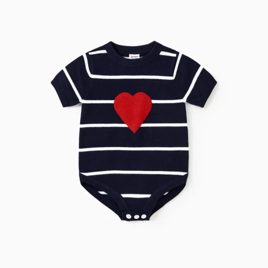 Valentine's Day Heart Print Striped Short Sleeve Family Matching Tops