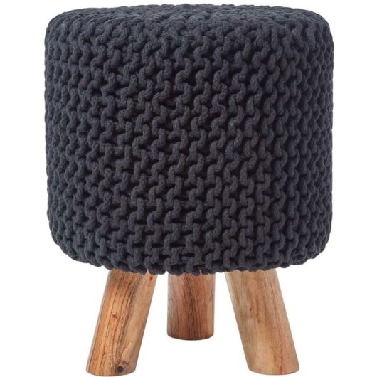 HOMESCAPES Black Tall Cotton Knitted Footstool on Legs