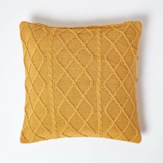 HOMESCAPES Mustard Diamond Cable Knit Cushion Cover, 45 x 45 cm