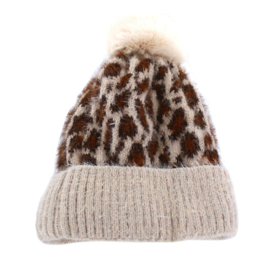 Brown Knitted Animal Print Hat With Pompom Detail