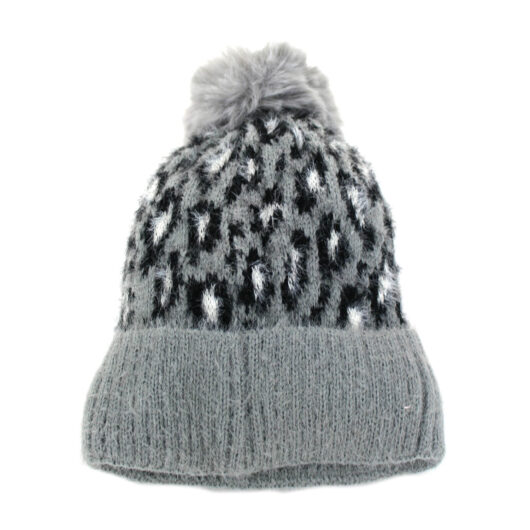 Grey Knitted Animal Print Hat With Pompom Detail