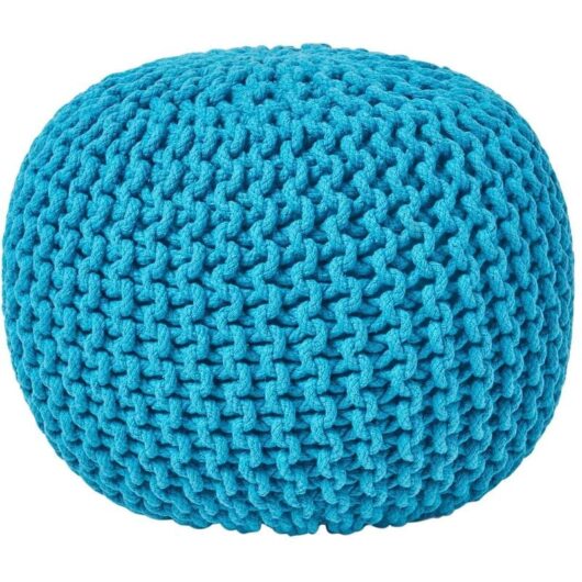 Teal Blue Round Cotton Knitted Pouffe Footstool - Homescapes