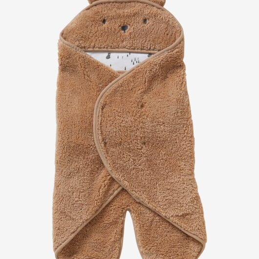 Throw Footmuff for Baby, in Plush Fabric, Lining in Jersey Knit dark beige