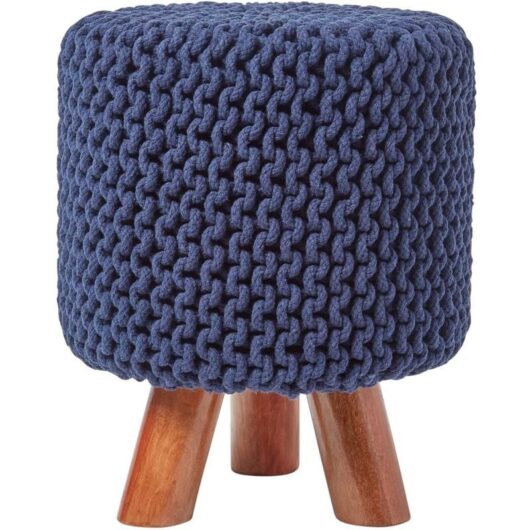 HOMESCAPES Navy Tall Cotton Knitted Footstool on Legs