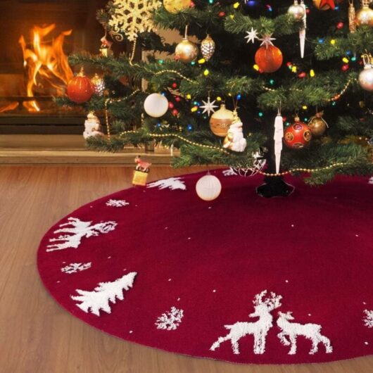 Christmas Tree Skirt, 48' Red Christmas Tree Skirt, 3D Elk Christmas Tree Base Cover Mat, Tree Topper for Christmas Party Decorations