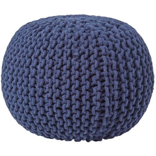 HOMESCAPES Navy Blue Round Cotton Knitted Pouffe Footstool