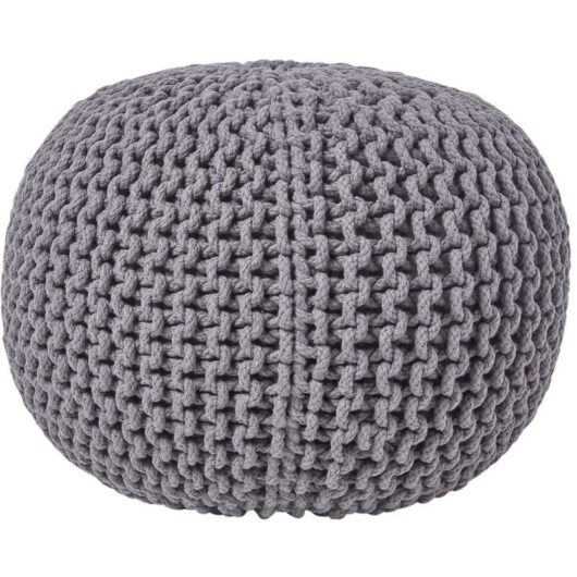 HOMESCAPES Sea Grey Round Cotton Knitted Pouffe Footstool