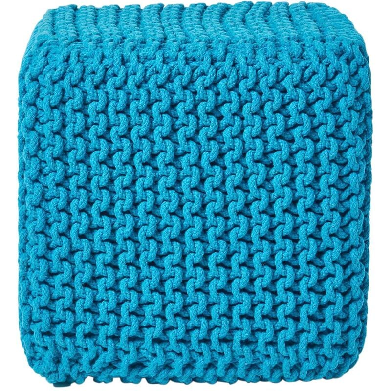 Homescapes - Teal Blue Cube Cotton Knitted Pouffe Footstool