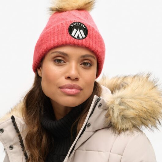 Superdry & Co Cable Knit Pom Pom Beanie Hat with Wool Pink