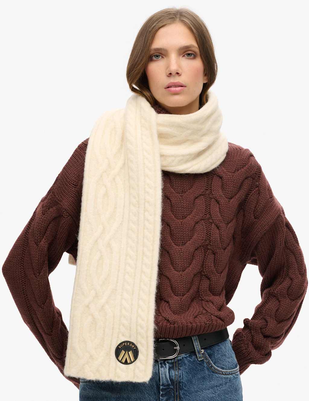 Superdry & Co Cable Knit Scarf with Wool Beige