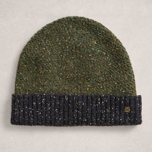 White Stuff Wool Rich Nep Knitted Beanie Hat Green Mix