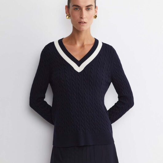 Sportscraft Pure Wool Cable Knit V-Neck Jumper Navy Mix
