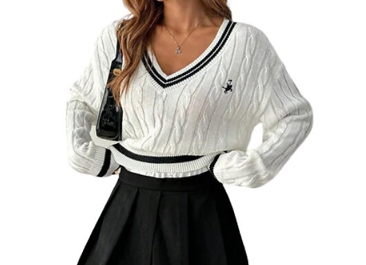 V-Neck Colour-Blocked Cable Knit Sweater - 3 Colours, 4 Sizes!