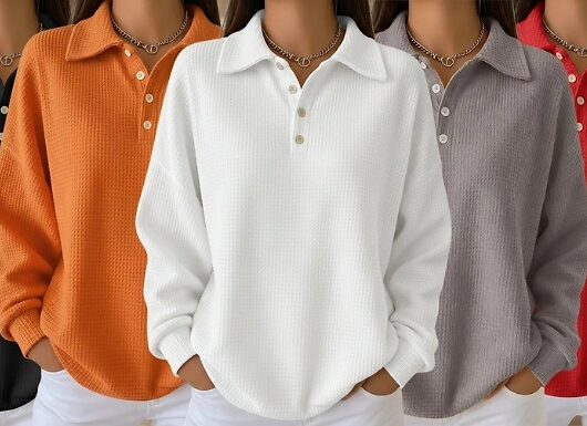 Women's Waffle Knit Long Sleeve Polo Shirt - 5 Colours