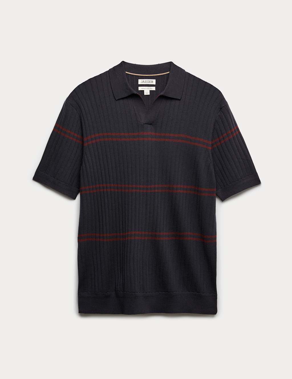 JAEGER Merino Wool Rich Knitted Polo Shirt with Silk Navy Mix