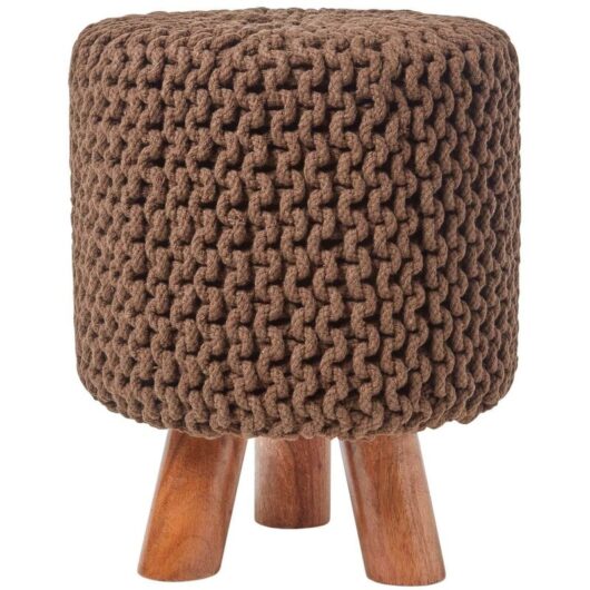 Chocolate Brown Tall Cotton Knitted Footstool on Legs - Homescapes