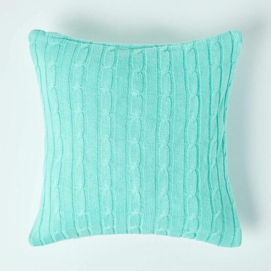 HOMESCAPES Cotton Cable Knit Pastel Green Cushion Cover, 45 x 45 cm