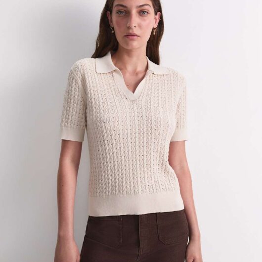 Sportscraft Pure Cotton Pointelle Knitted Polo Top Cream