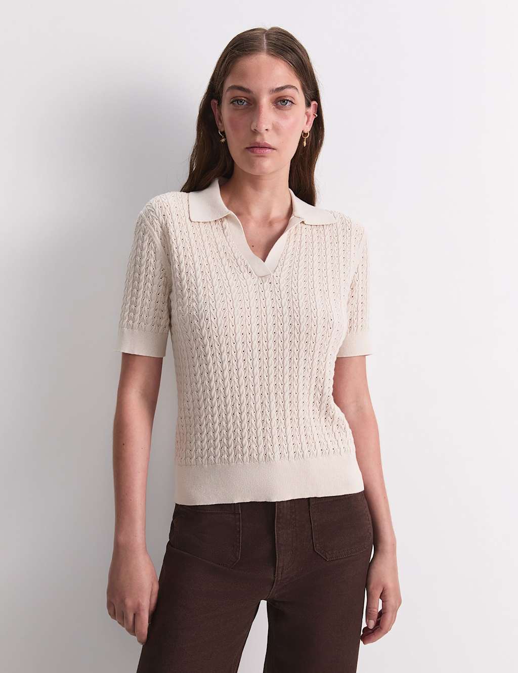 Sportscraft Pure Cotton Pointelle Knitted Polo Top Cream