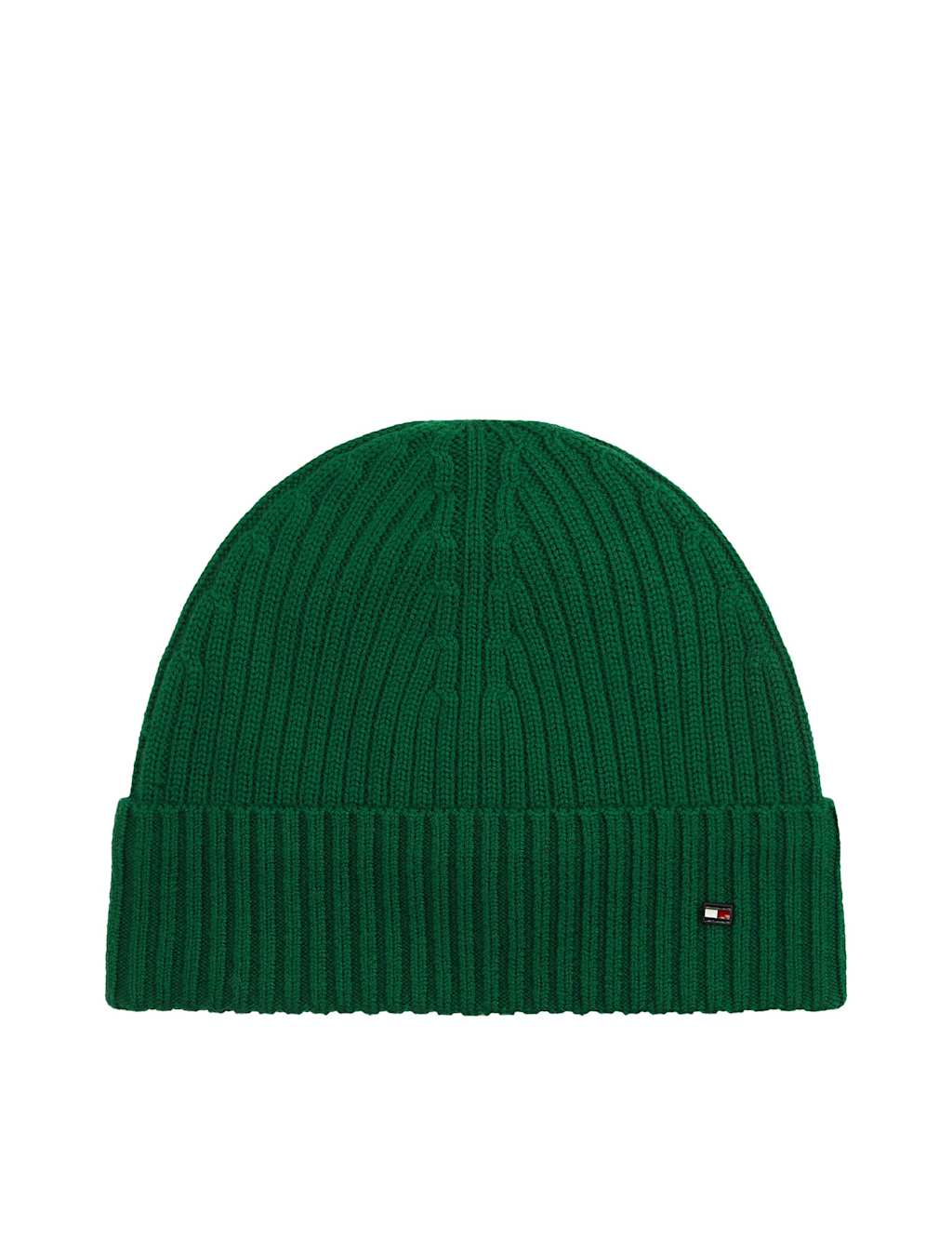 Tommy Hilfiger Pure Wool Knitted Rib Turn Up Beanie Hat Dark Green