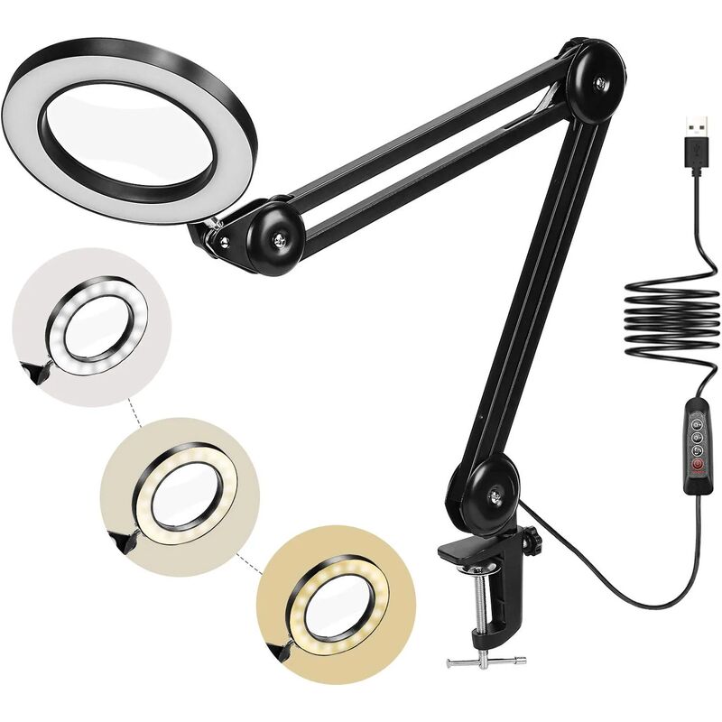 72LED Magnifying Lamp, 5X Desktop Daylight Magnifying Glass with Metal Clamp 3 Color Modes Dimmable for Repairing Crafts, Sewing, Reading(Black)