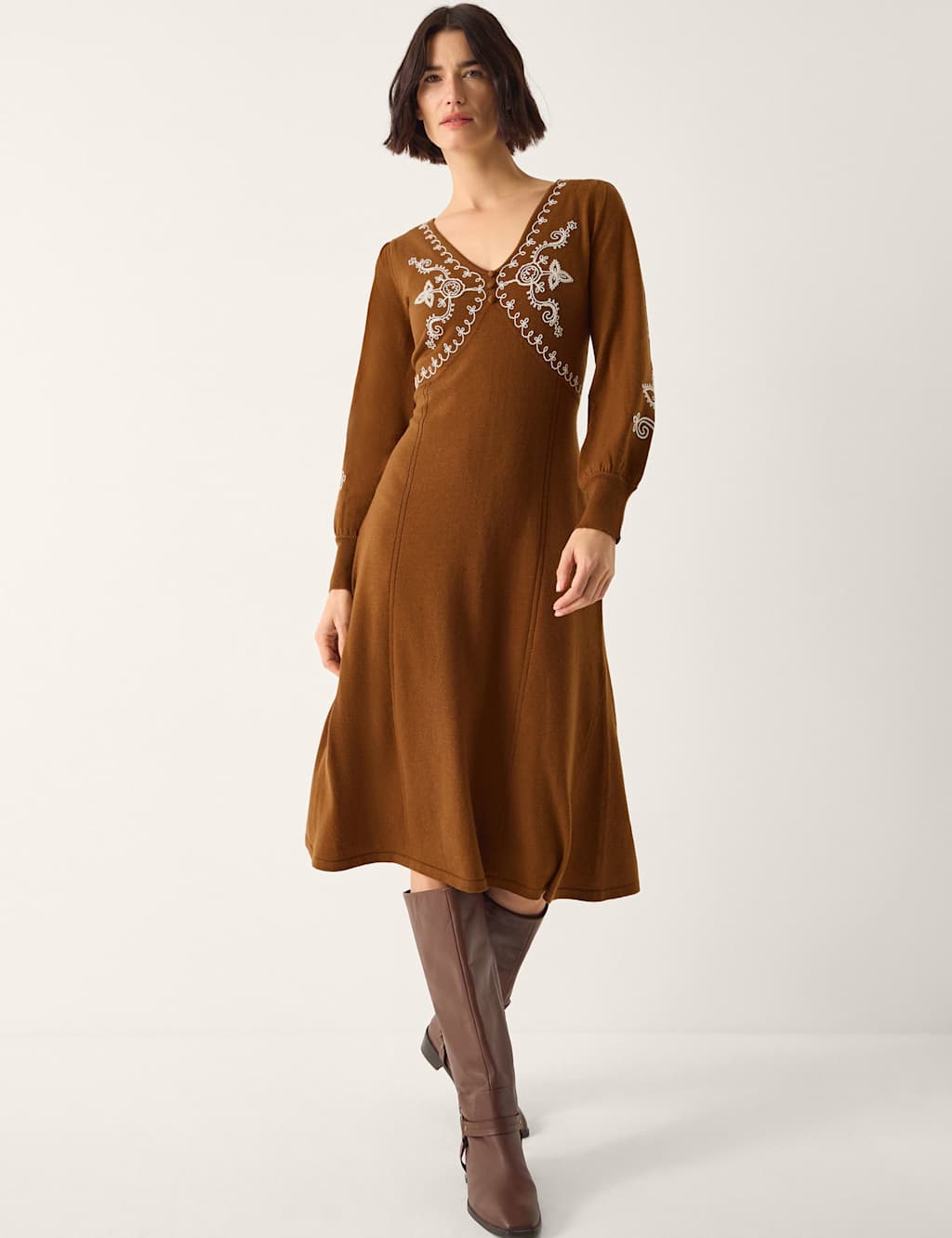 Monsoon Embroidered V-Neck Knitted Midi Skater Dress Beige