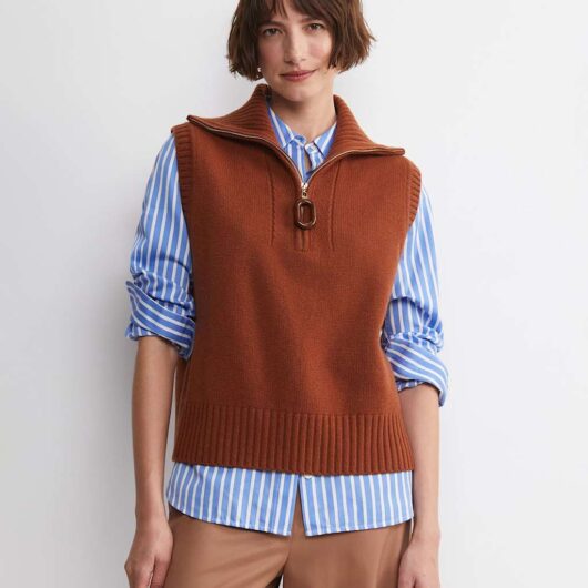 Sportscraft Pure Wool Collared Half Zip Knitted Vest Brown