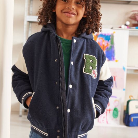 Varsity Jacket with Detachable Hood, for Boys navy blue