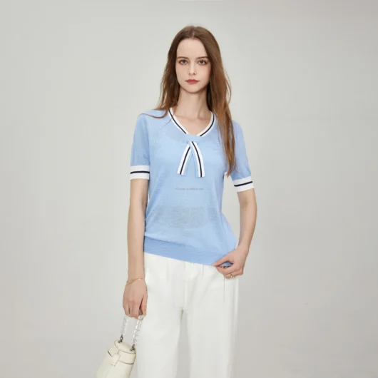 Women's Striped Sailor Collar Short Sleeve Casual Knit Top Ribbed Hem Casual Crewneck Knit Shirt