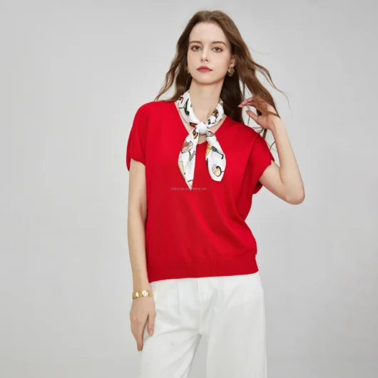 Women's Vintage V-Neck Blouses Cap Sleeve Cut Knitted Casual Knit Shirt Tops Pullover Sweater Ribbed Hem Silk Scarf Solid