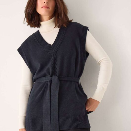 Monsoon Cable Knit V-Neck Knitted Vest Navy