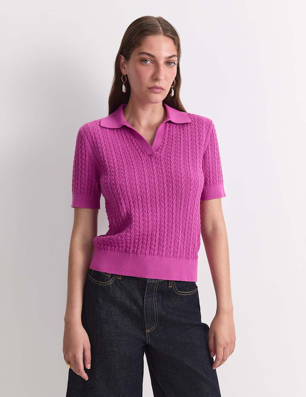 Sportscraft Pure Cotton Pointelle Knitted Polo Top Magenta