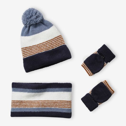 Striped Beanie + Snood + Gloves Set for Boys blue dark two color/multicol