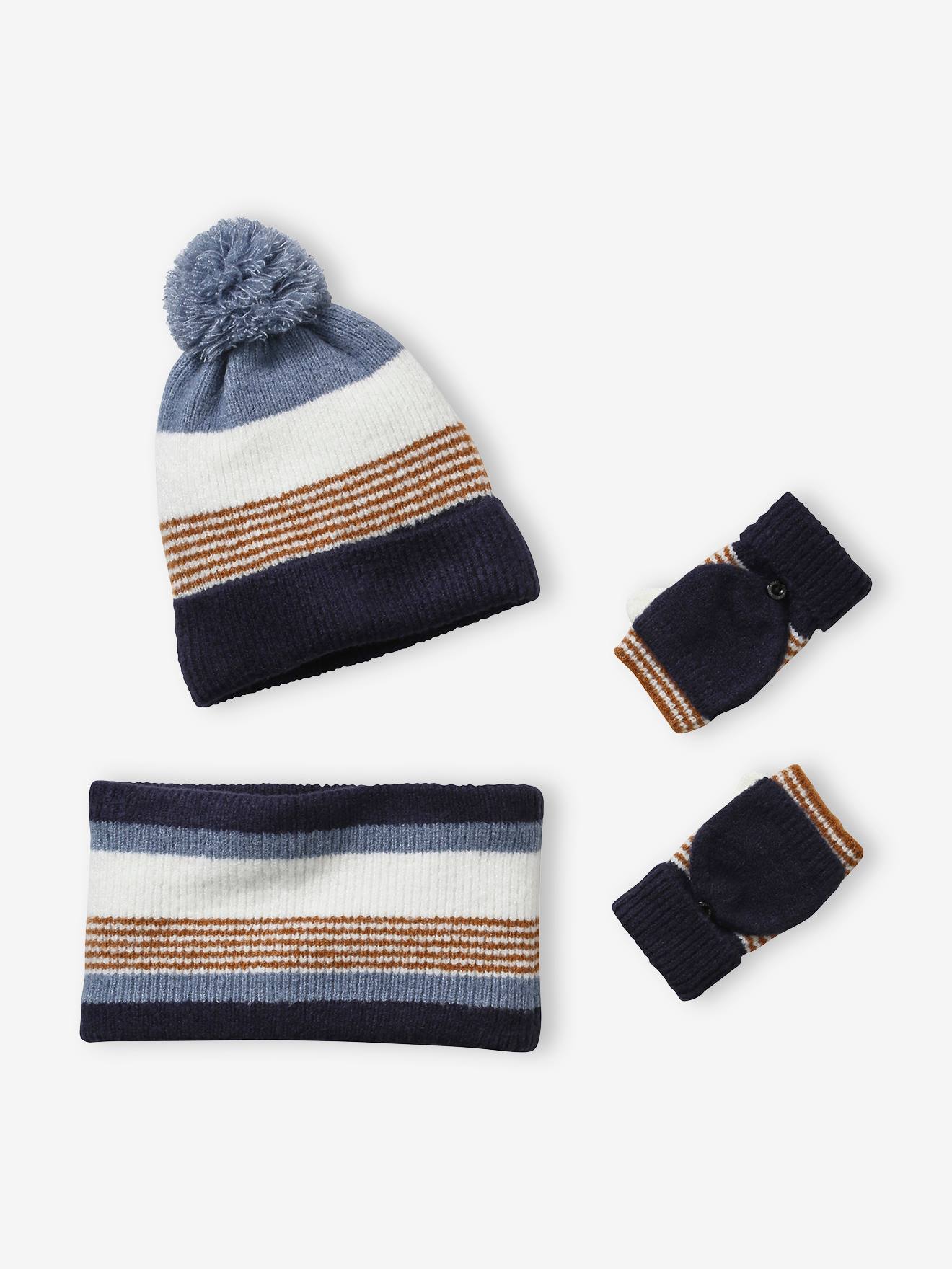 Striped Beanie + Snood + Gloves Set for Boys blue dark two color/multicol