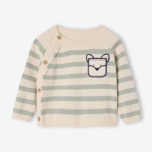 Striped Knitted Jumper with Fancy Pocket, for Newborns marl beige