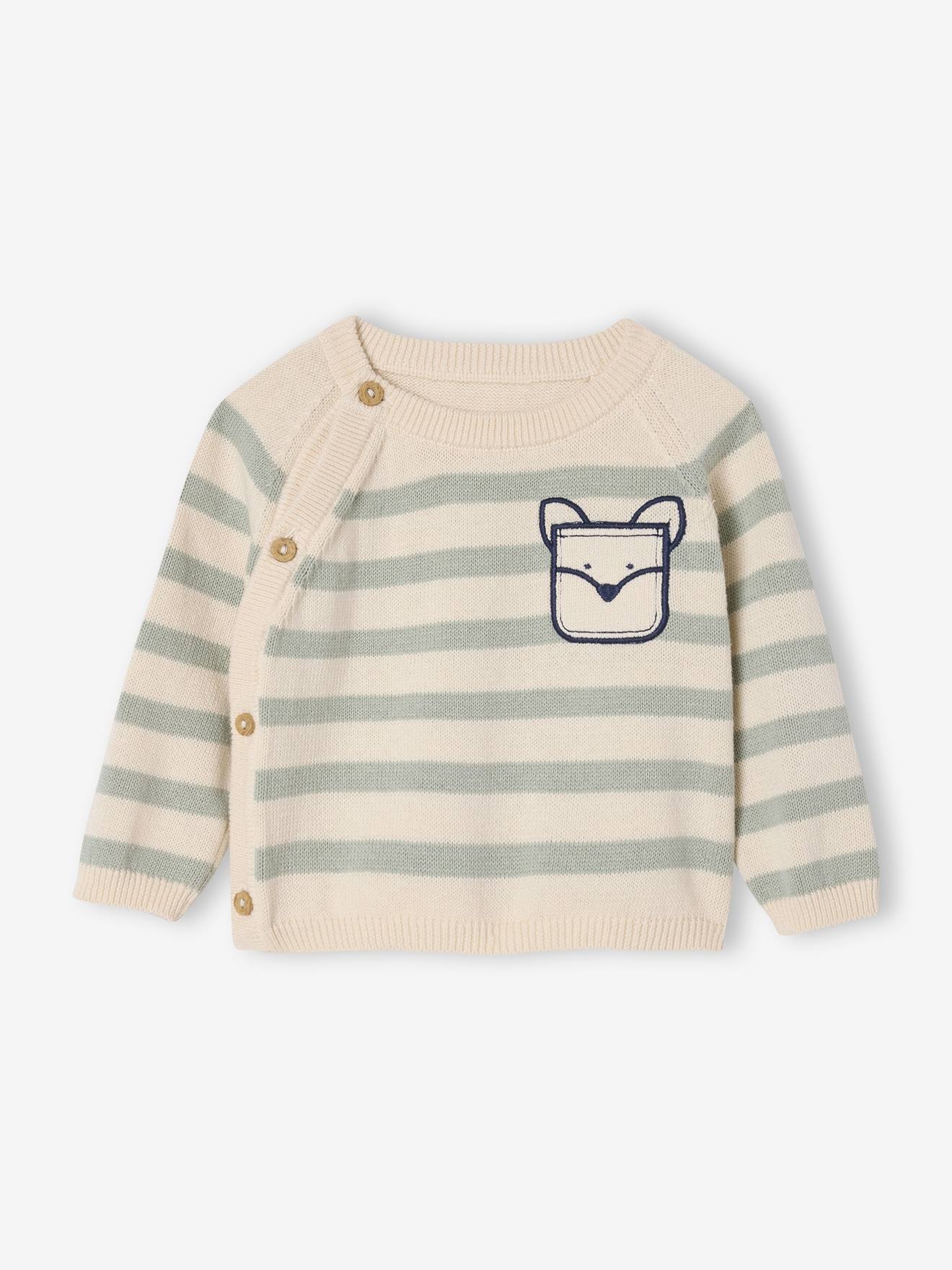 Striped Knitted Jumper with Fancy Pocket, for Newborns marl beige