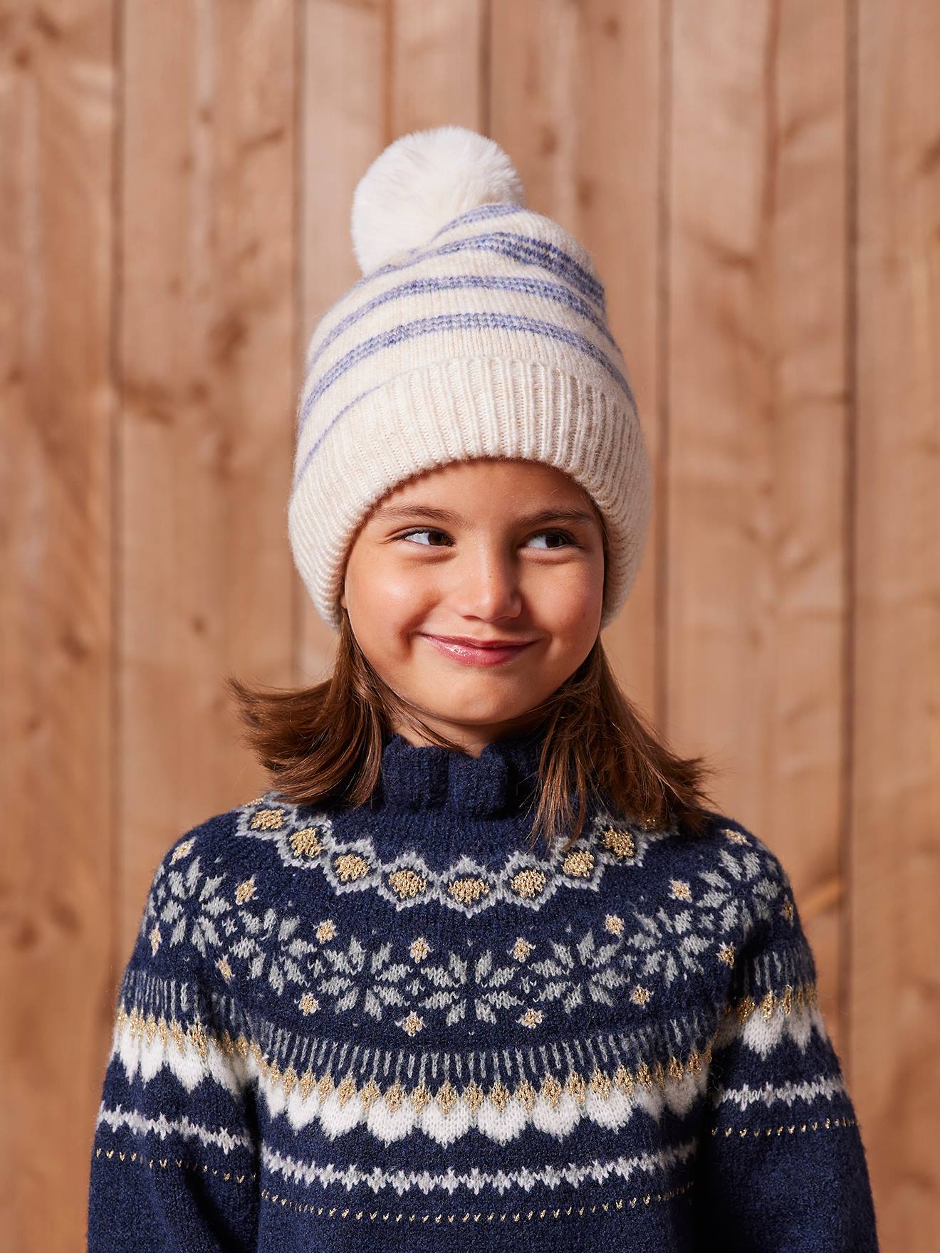 Striped Set: Beanie + Snood + Mittens/Gloves for Girls vanilla