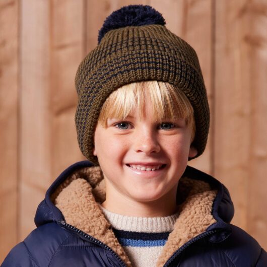 Striped Set for Boys: Beanie + Snood + Mittens/Gloves khaki
