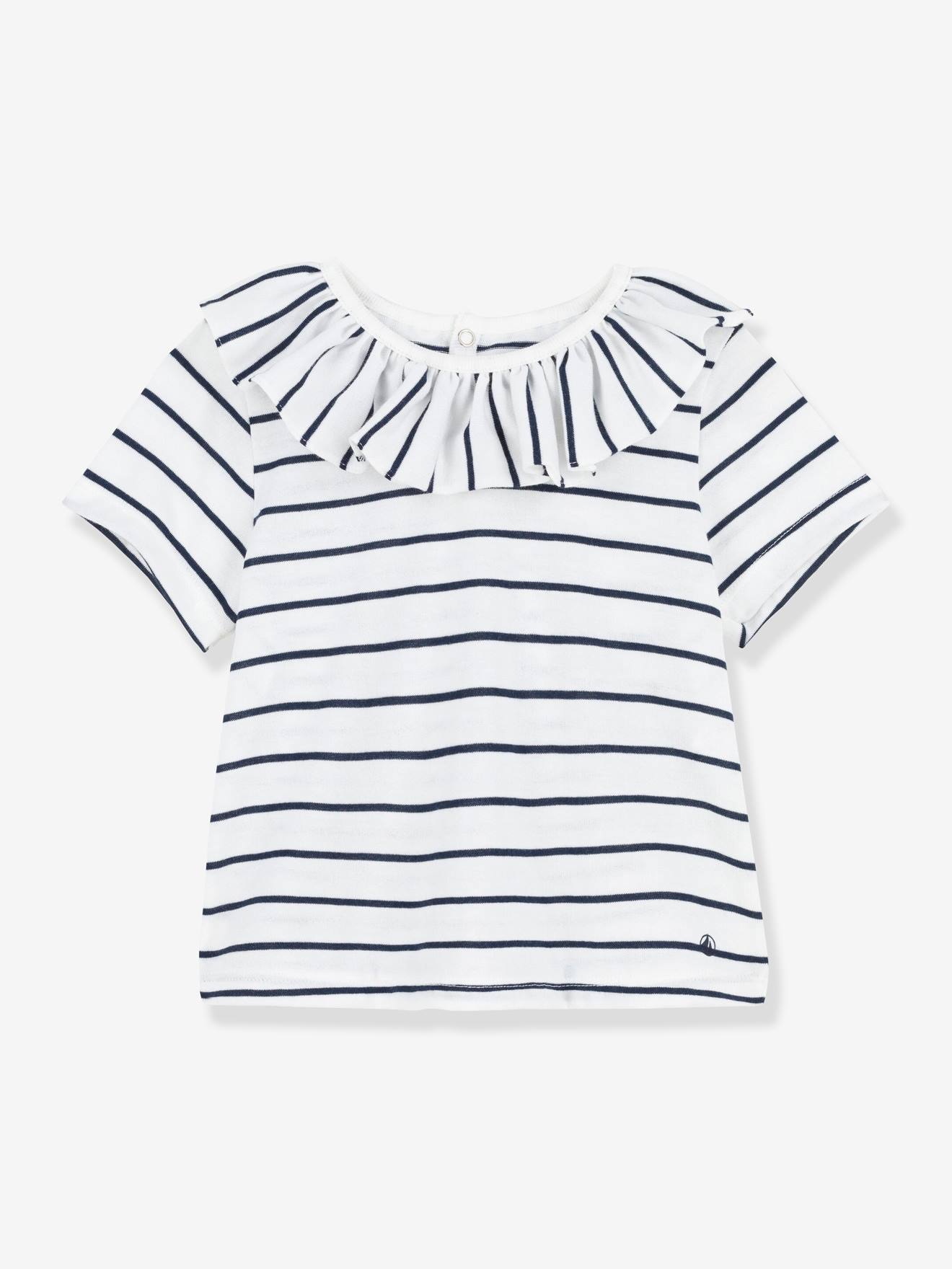 Striped Short Sleeve Blouse in Jersey Knit for Babies, by PETIT BATEAU white medium striped
