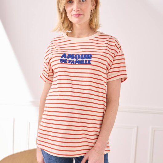 Striped T-Shirt with Message, in Organic Cotton, for Maternity ecru