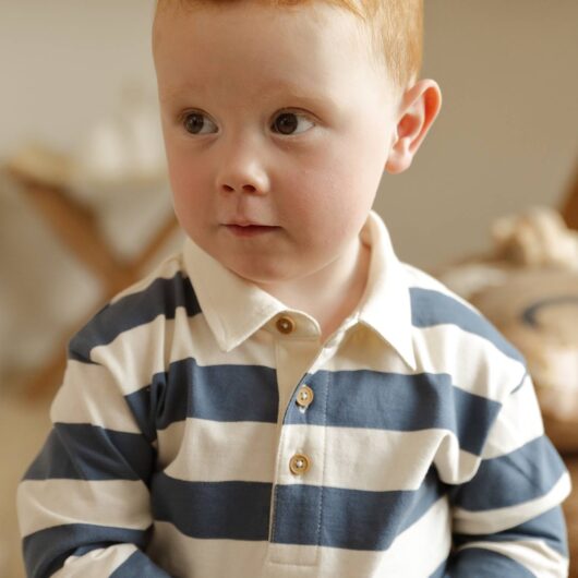 Striped long-sleeved baby polo shirt grey blue