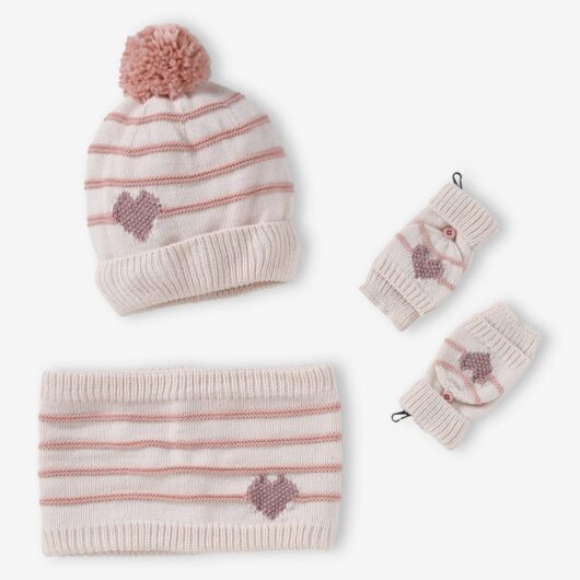 Stripes/Hearts Beanie + Snood + Mittens/Fingerless Mitts Set for Girls ecru