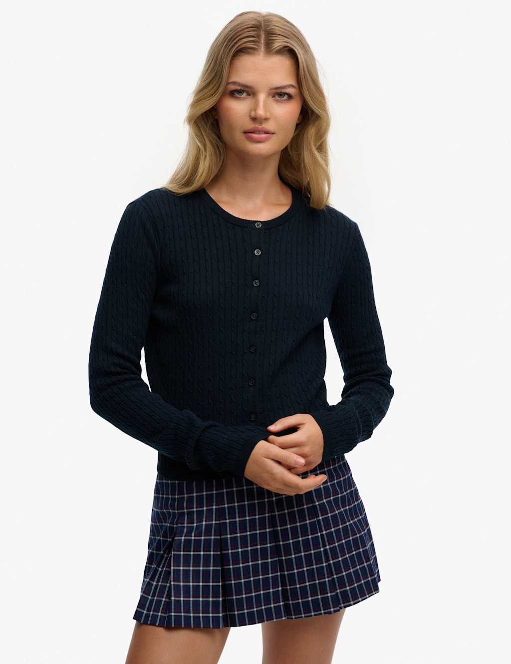 Superdry & Co Pure Cotton Cable Knit Crew Neck Cardigan Dark Navy