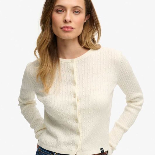 Superdry & Co Pure Cotton Cable Knit Crew Neck Cardigan White