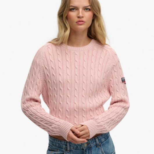 Superdry & Co Pure Cotton Cable Knit Crew Neck Jumper Light Pink