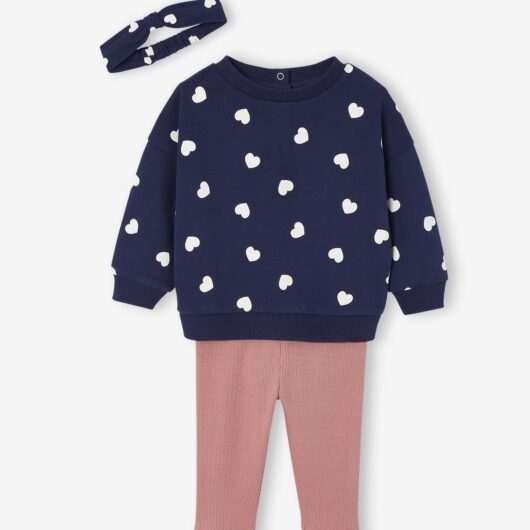 Sweatshirt + Leggings + Headband Ensemble for Baby Girls navy blue
